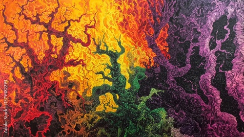 Colorful abstract artwork showing vibrant swirls and tree-like structures representing elemental forces