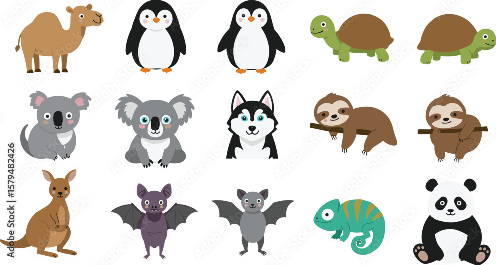 Fototapeta premium Cute animals cad drawing flat vector illustration, cartoon-style wild creatures in rows, front view sketch layout for educational use