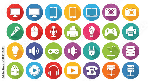Diverse set of communication and contact icons in flat design style with long shadows. Includes phone, message, email, global network, user profiles, and home symbols, ideal for web and app interfaces