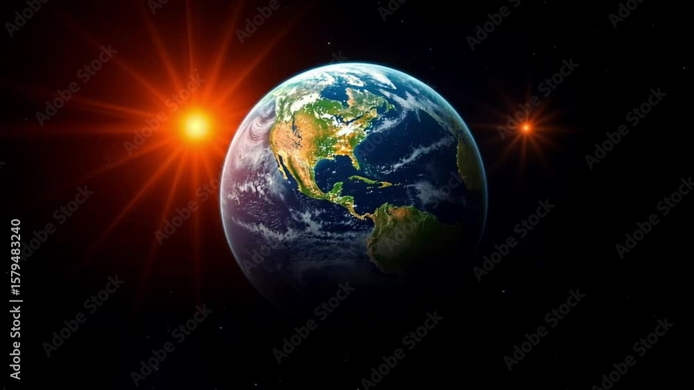 Earth in space with sun flares against a black background Earth in space with sun flares against a black background