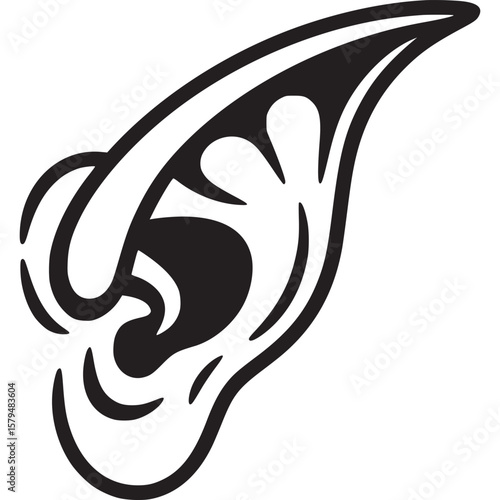 A stylized black and white illustration of an elf ear with intricate curved lines on a white background on transparent background