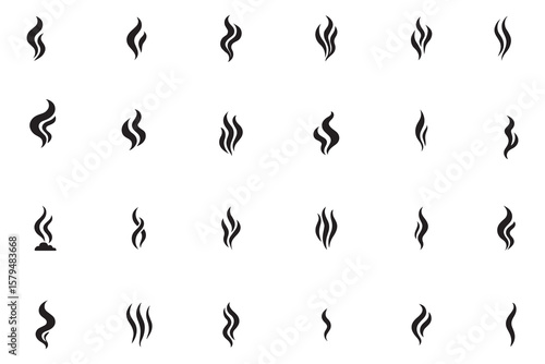 Smoke, steam, and vapor icon set. Collection of simple black smell, aroma, and heat symbols