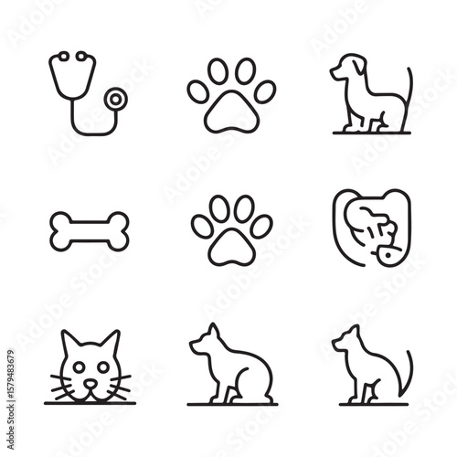 Veterinary and pet care line icon set with dog, cat, and vet clinic symbols