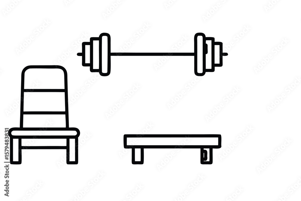 Simple line art icons of a weight bench adjustable bench and barbell for fitness and exercise Simple line art icons of a weight bench adjustable bench and barbell for fitness and exercise