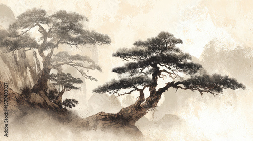 Artistic landscape featuring trees on rocky terrain in a misty environment with a serene atmosphere