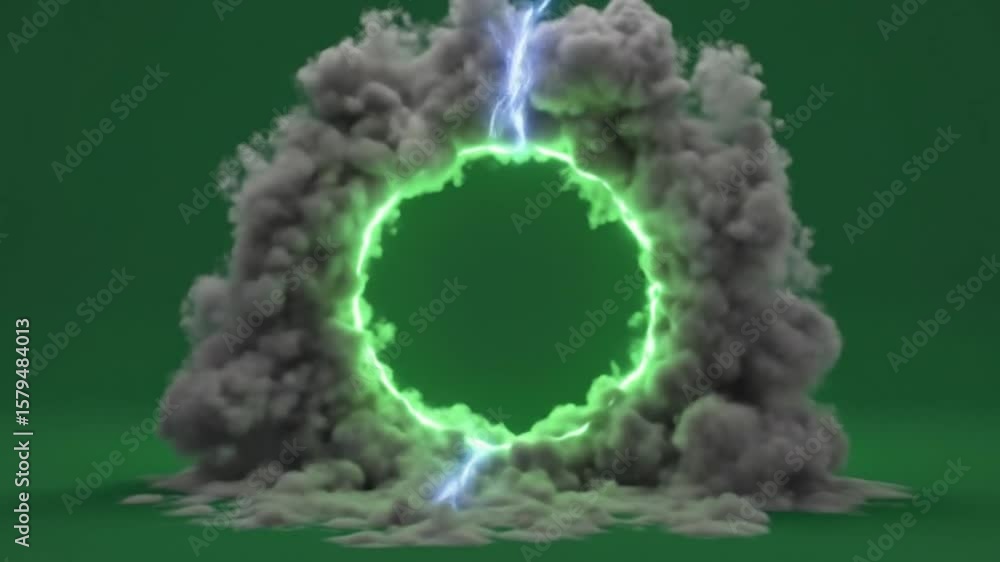 A green screen footage of a portal with a green glowing ring and lightning with smoke effects