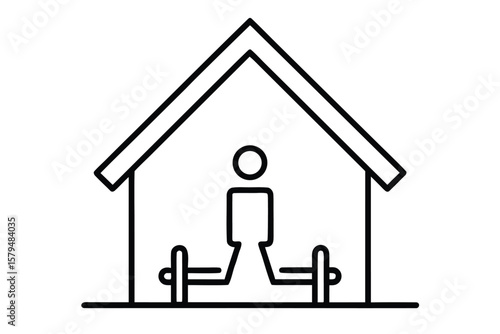 Simple line art icon of a person doing squats inside a house outline