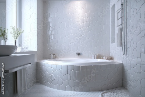 Elegant White Hexagonal Tiles Adorning the Walls of a Serene Bathroom Retreat