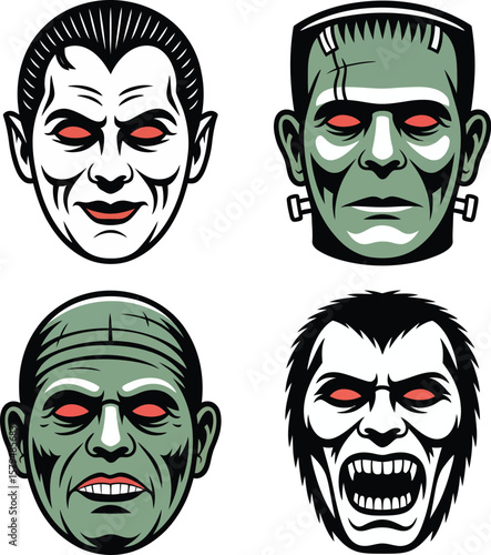Collection of humorous theatrical masks for carnival or masquerade, isolated on white