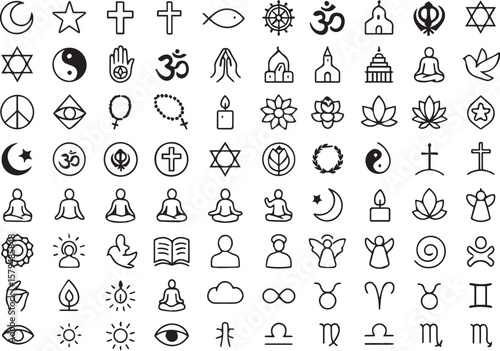 Collection of Religious and Spiritual Symbols and Icons in Line Art Style