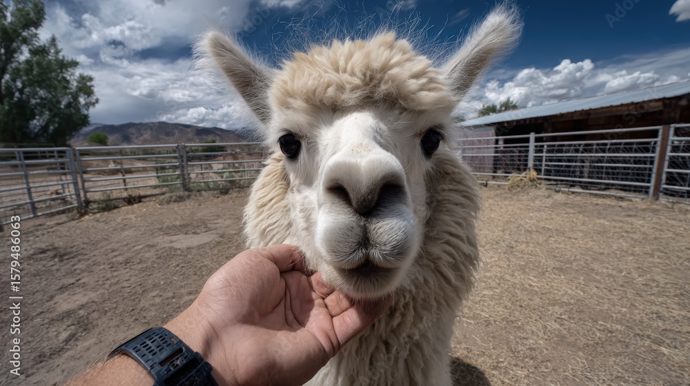 Obraz premium First-person view of grooming a fluffy llama in an open pen
