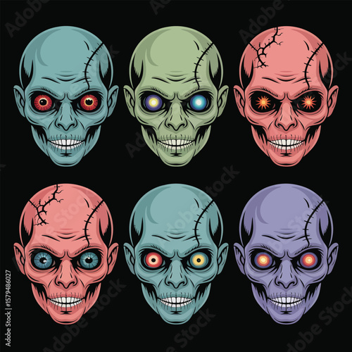 Set of funny cartoon skull and zombie faces in Halloween style