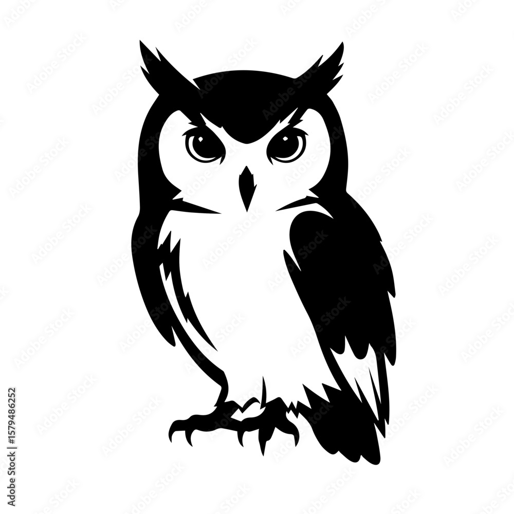Obraz premium Black and white illustration of an owl with piercing eyes 