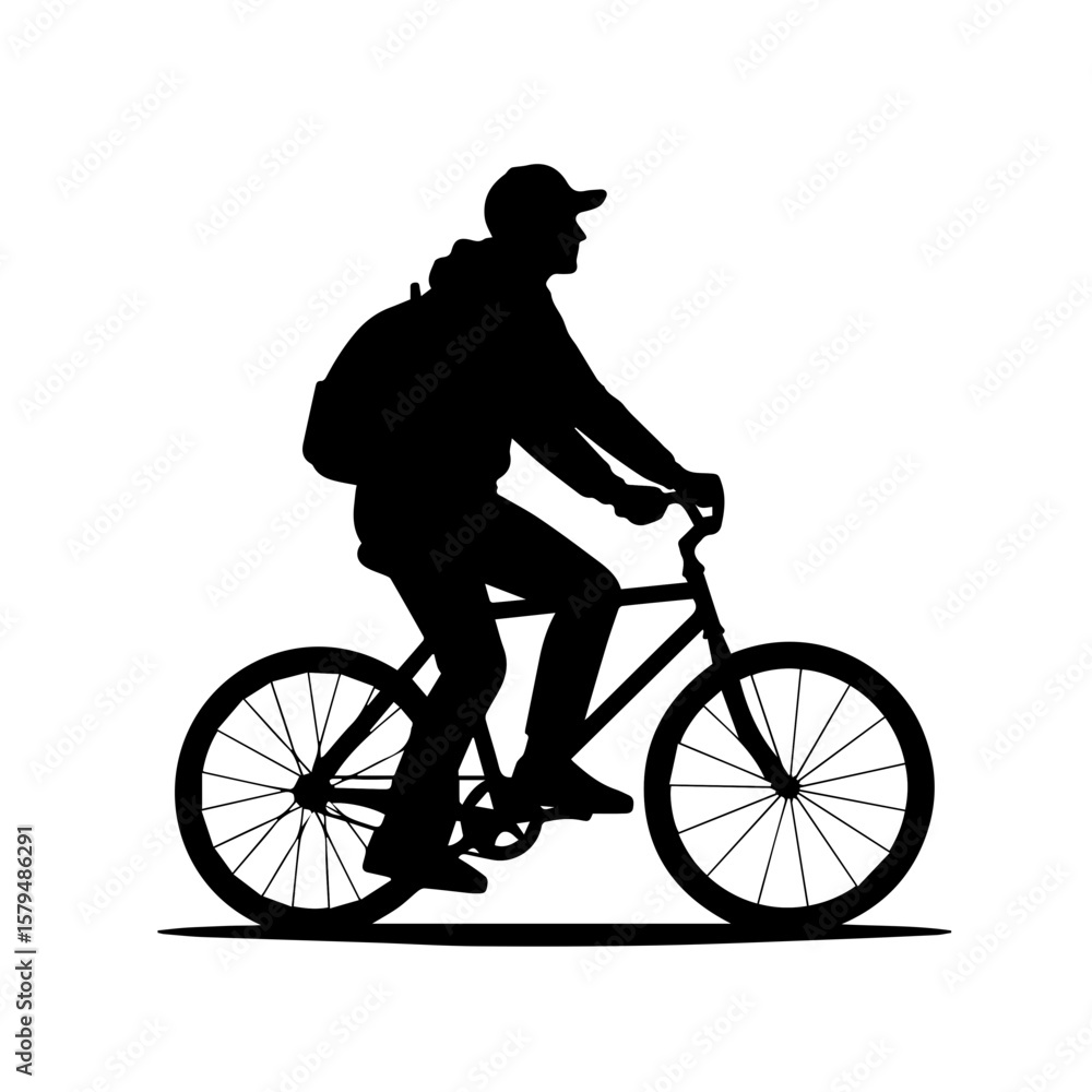 Naklejka premium Silhouette of a man riding a bicycle with a backpack outdoors 