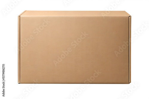 A closed brown cardboard box sits against a white  background in studio light