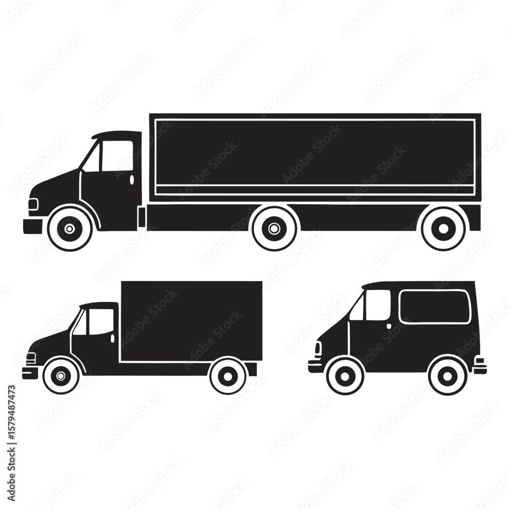 Fototapeta premium Black silhouette delivery trucks and van box truck
