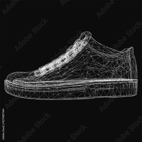 Wireframe sneakers with a low-top design and lace-up closure stand out on a black background. The detailed rendering highlights the rubber sole, laces, and heel structure.