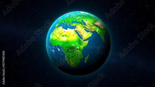 Earth globe floating in starry space, highlighting vibrant continents in a cosmic setting.