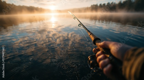 Fototapeta Naklejka Na Ścianę i Meble -  First-person view of fishing rod casting over serene lake at sunrise with misty background