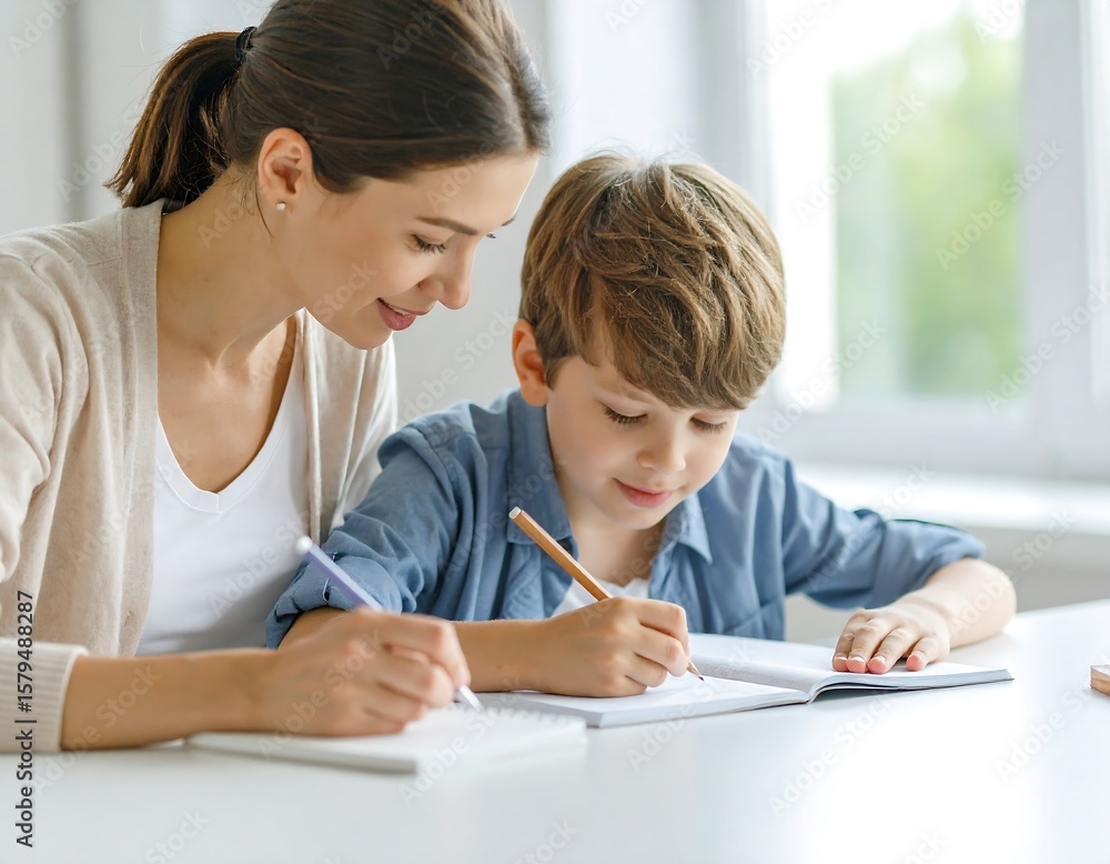 Mother and son learning together Mother and son learning together