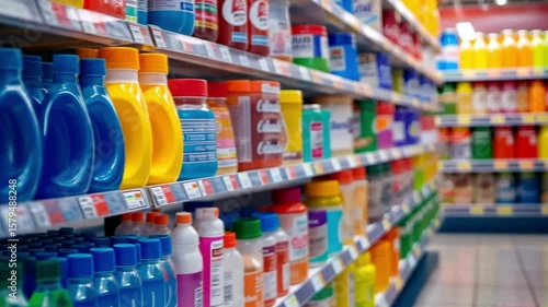 Supermarket Aisles Filled with Colorful Cleaning Products