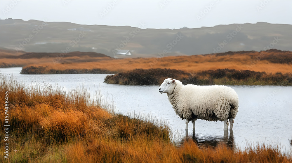 Obraz premium Solitary Sheep Stands in Misty Lake Amidst Autumnal Grasses and