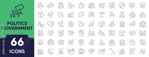 Politics and Government Line Icon Set. Set of 66 outline icons including parliament, vote, law, policy, public service, leadership, and constitution. Editable stroke. Linear vector illustration.