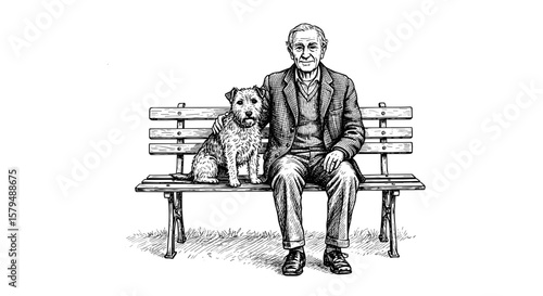 Elderly man with dog on bench engraving hand-drawn sketch black and white vector SVG illustration