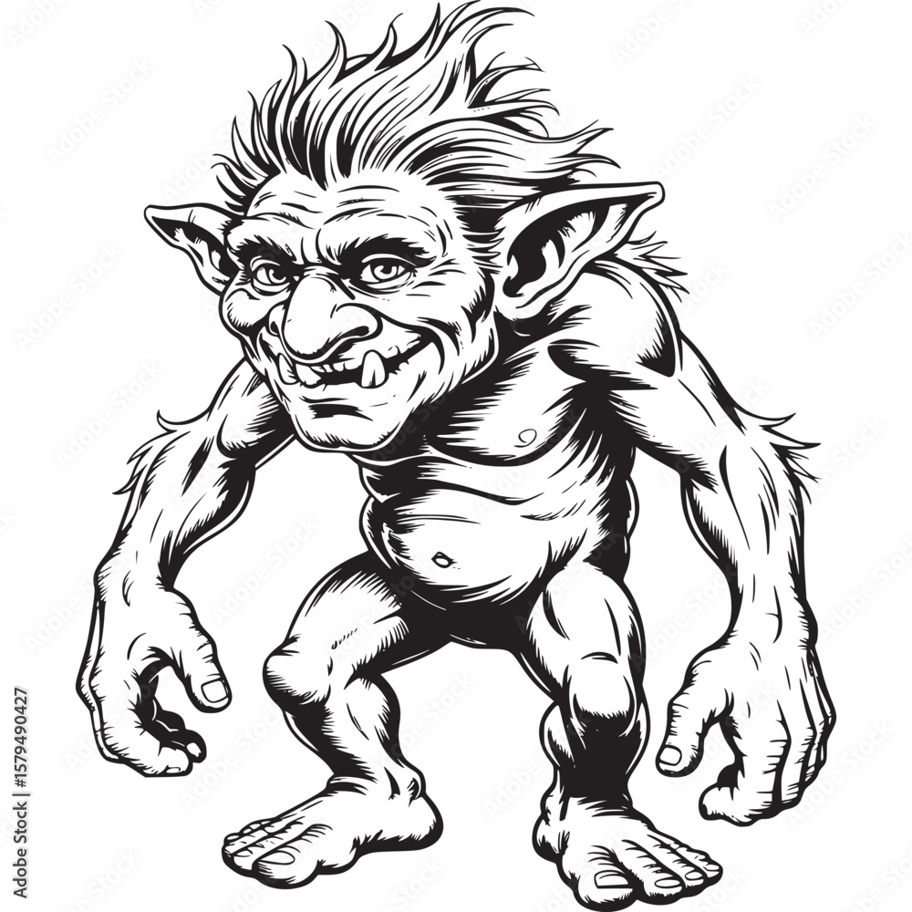 Fototapeta premium A black and white illustration of a cartoon troll with a mischievous grin standing isolated on transparent background