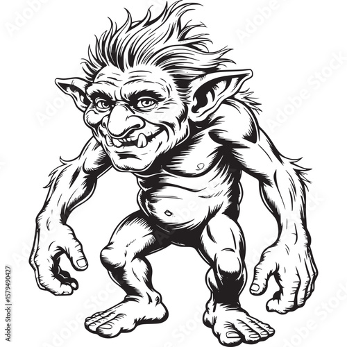 A black and white illustration of a cartoon troll with a mischievous grin standing isolated on transparent background