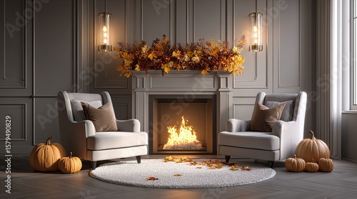 Fototapeta Naklejka Na Ścianę i Meble -  fall themed fireplace with fall decorations and art frames above the fire place