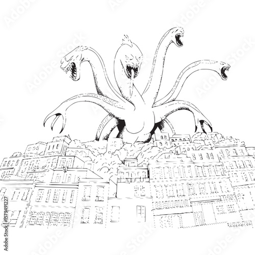 A five headed monster towering over a city skyline in a black and white drawing style illustration on transparent background