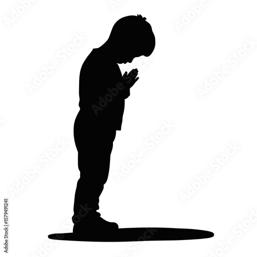 Child silhouette praying with hands together on white background  