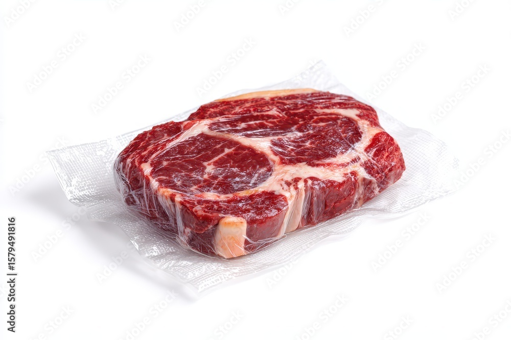 Fototapeta premium Freshly Packaged Marbled Beef Ribeye. Vacuum-Sealed Closeup on Clean White Background