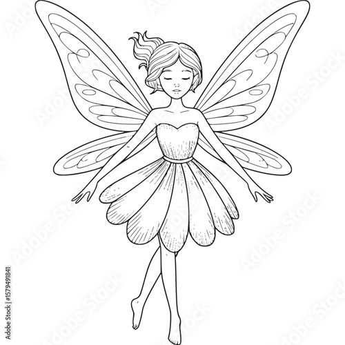 Outline drawing of a fairy with wings in a dress and bare feet isolated on a white background illustration on transparent background