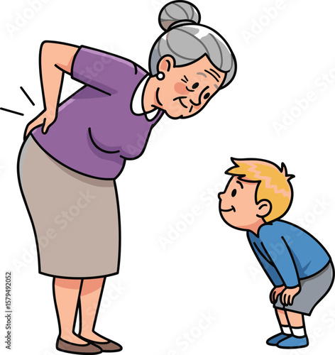 Elderly woman with back pain, caring young boy, cartoon illustration, family support, health awareness, senior care, intergenerational empathy artwork