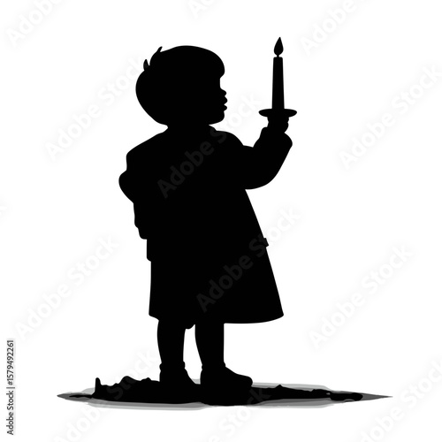 Child holding candle silhouette with shadow on white background  