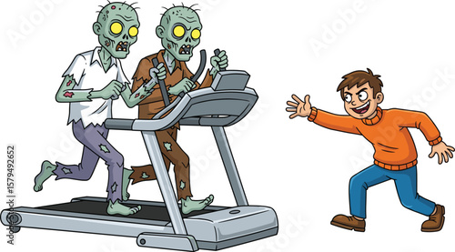 Cartoon zombies running on treadmill chased by excited man, humorous fitness workout concept, funny health illustration, vector design clipart
