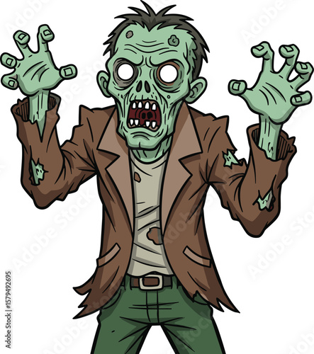 Terrifying zombie character, green skin, white eyes, open mouth, scary pose, tattered clothes, Halloween illustration, spooky creature, cartoon undead monster