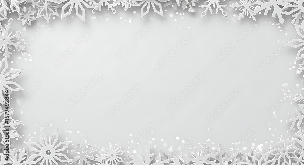Fototapeta premium A delicate border of white snowflakes and subtle snow creates a festive winter frame, perfect for holiday greetings and seasonal promotions with ample copy space