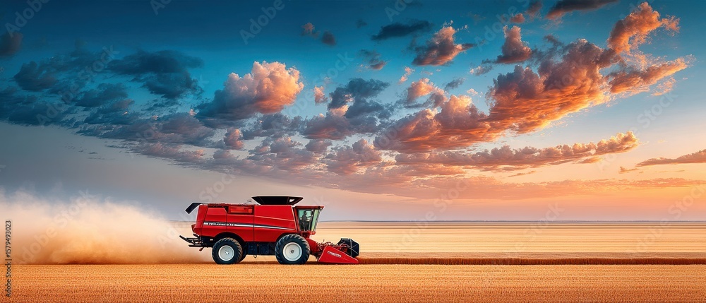 Fototapeta premium Modern combine harvester working on a golden field under a vivid colorful sky