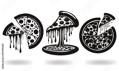 Black and White Melting Pizza Slice Illustrations Vector Art Set