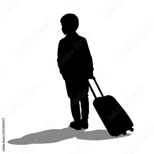 Silhouette of young child standing with suitcase in profile  