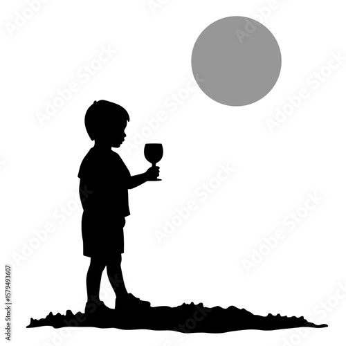 Child silhouette holding glass while standing on hill under sun  
