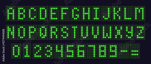 Green Digital Dotted Font Letters, Electronic Alphabet, retro text symbols, monitor characters, and scoreboard digits. Vector EPS 10