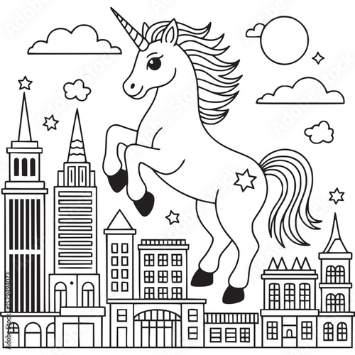 A whimsical unicorn prancing above a cityscape with stars clouds and a moon in a line art style on transparent background