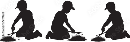 Young Gardener Trimming Grass With Scissors silhouette