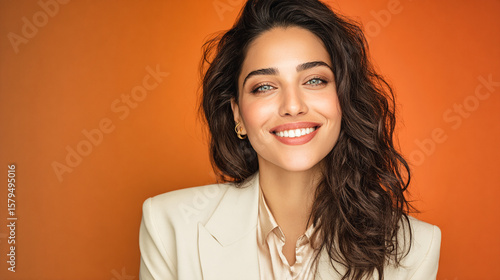 Middle eastern arabic young lady portrait of beautiful woman smiling with perfect teeth professional headshot on orange background studio shot