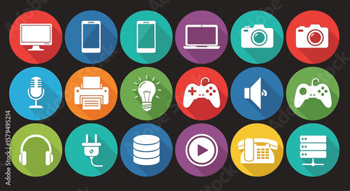 Diverse set of communication and contact icons in flat design style with long shadows. Includes phone, message, email, global network, user profiles, and home symbols, ideal for web and app interfaces