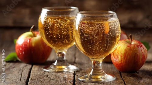 Refreshing Sparkling Cider: Two Glasses on Rustic Wooden Surface Capturing Autumn Vibes